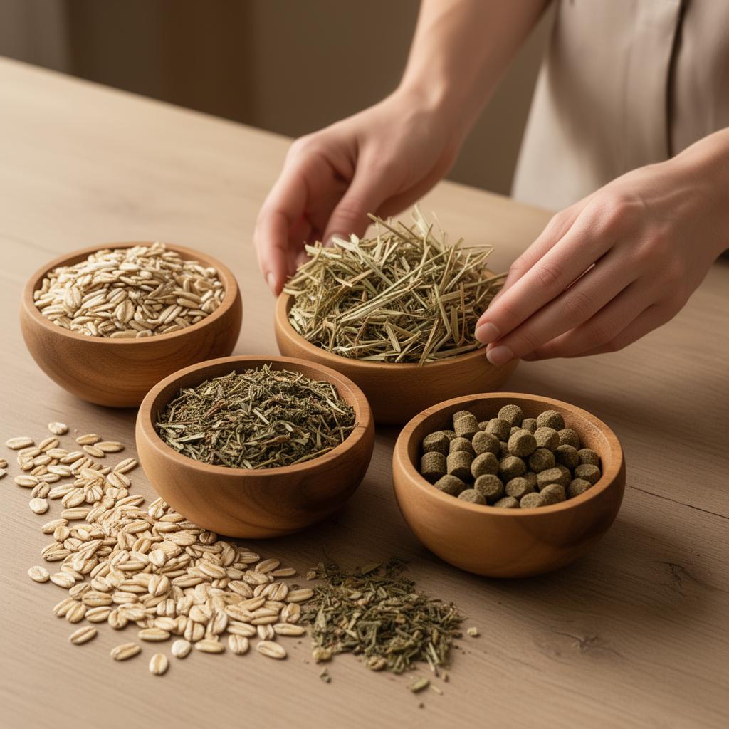 Holzschalen mit Hafer, Heu, Kräutern und Mineralpellets – individuelle Pferdefütterung und Rationsberechnung in der Tierheilpraxis Elsner
