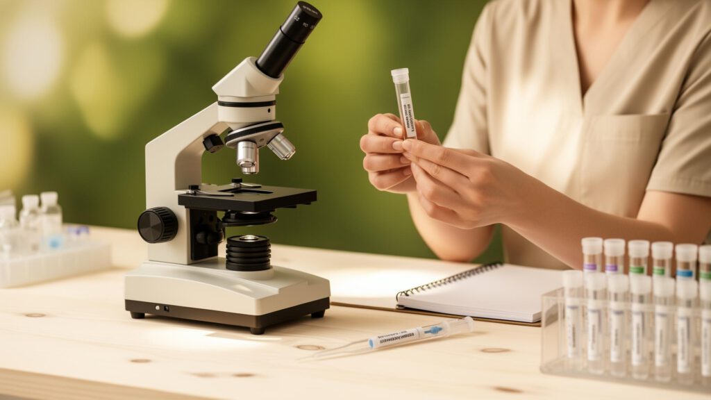 Laboruntersuchung in der Tierheilpraxis Annika Elsner-Nehm – Probenröhrchen und Mikroskop für naturheilkundliche Diagnostik