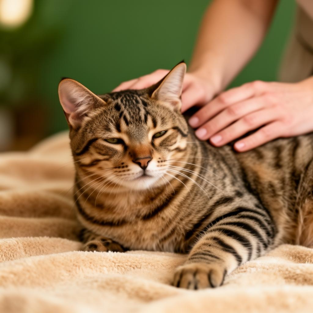 Entspannte Katze bei der Bioresonanz-Behandlung in der Tierheilpraxis Elsner-Nehm