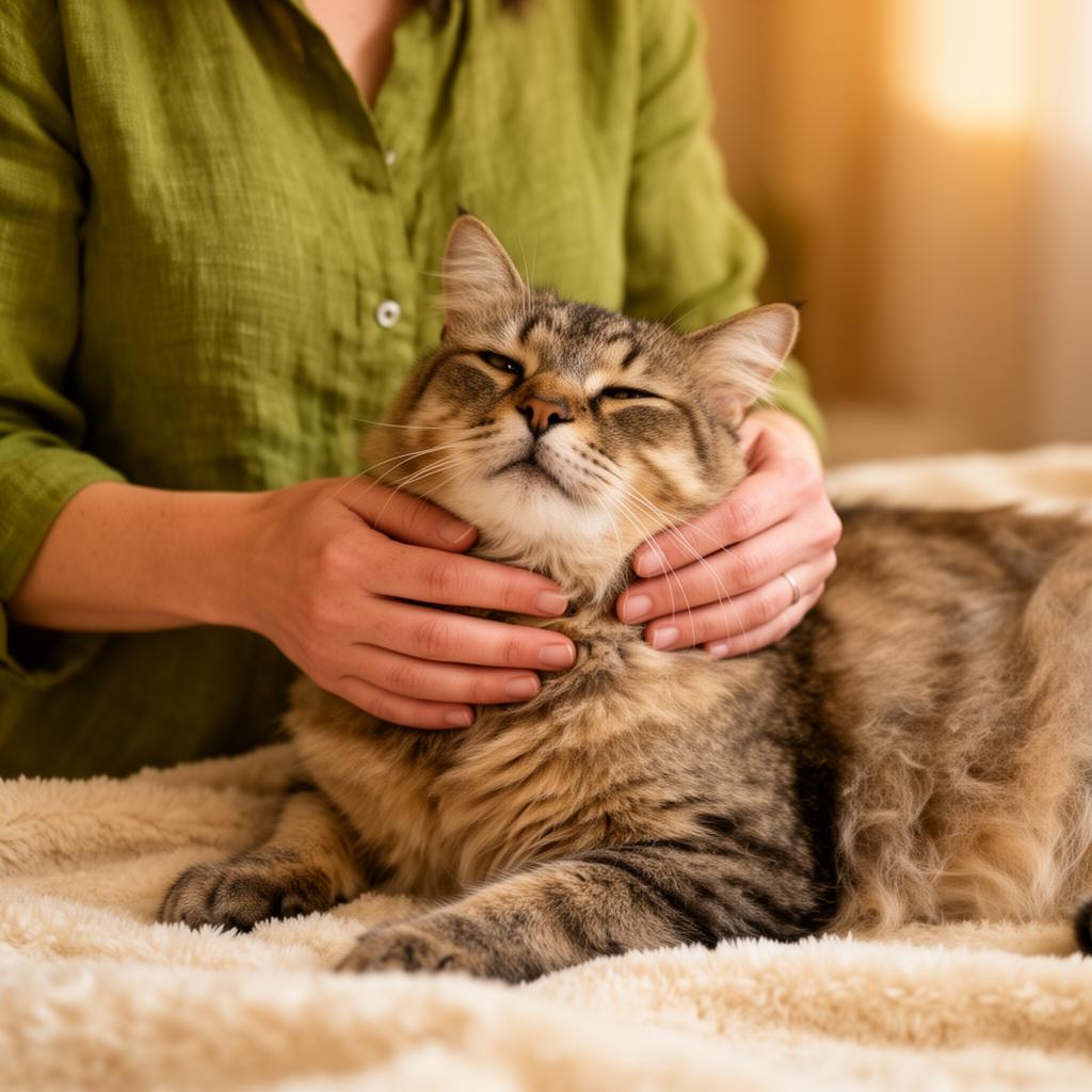 Entspannte Katze bei einer TCVM-Behandlung in der Tierheilpraxis Elsner-Nehm – sanfte, naturheilkundliche Begleitung